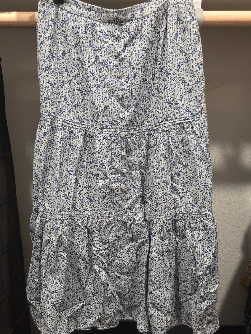 Blue and White Floral Skirt with Tiered Detail